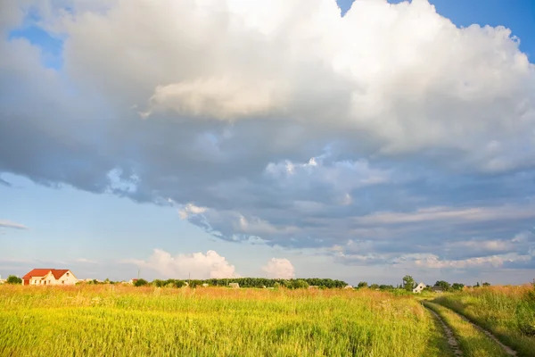 Paisaje con nubes, hierba verde y casas —  Fotos de Stock