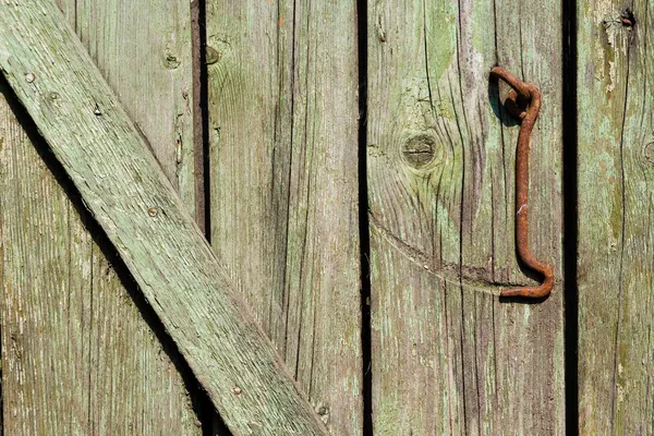 非常老绿门与生锈钩的特写 — 图库照片
