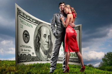 Portrait young beautiful couple. money, 100 american dollars clipart