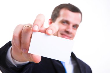 Man in suit with visiting card. Smile clipart