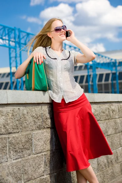 Smiling Sexy Blonde Girl Talking Phone Green Bag — Stock Photo, Image