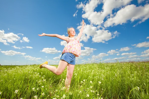 Pretty Girl Having Fun Flying Blue Sky — Stock Photo, Image
