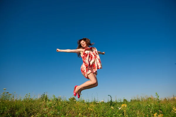 Happy Young Woman Jumping Field — Stock Photo, Image