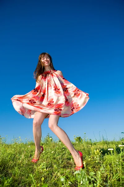 Happy Young Woman Jumping Field — Stock Photo, Image