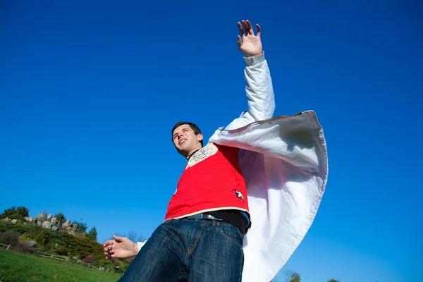 Happy Young Man Flies Blue Sky — Stock Photo, Image