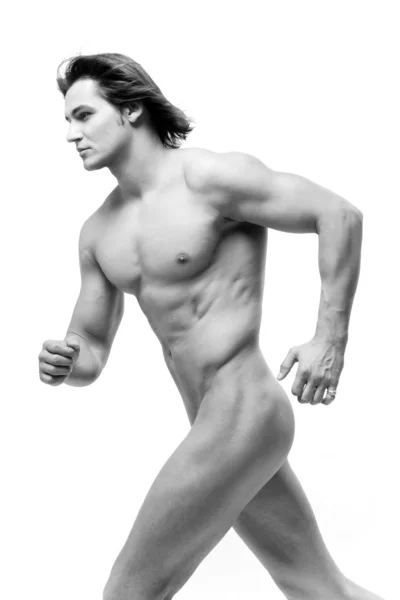 Muskulös Sexig Man Med Naken Överkropp Isolerad Vit — Stockfoto