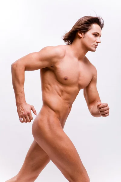 Muskuløs sexy mann med naken overkropp isolert på hvitt – stockfoto