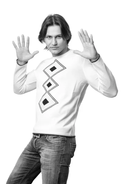 Młodych Ludzi Ubranych Nowoczesne Ubrania Sweter Dżinsy — Zdjęcie stockowe