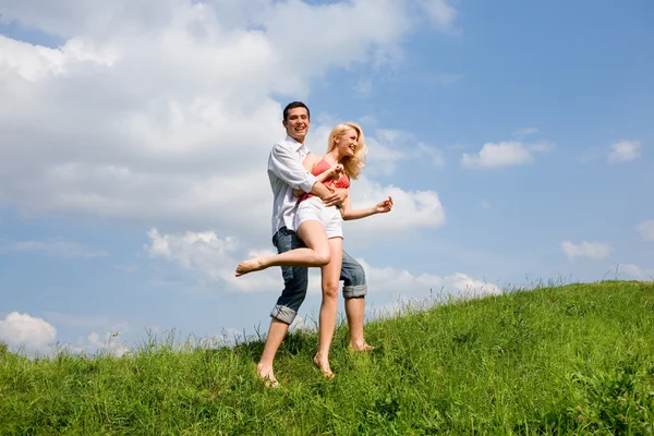 Young Love Couple Having Fun Spring Meadow — Stock Photo, Image