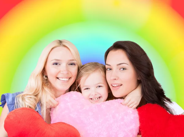 Zwei Schöne Mädchen Und Ein Kleines Mädchen Mit Herzen — Stockfoto