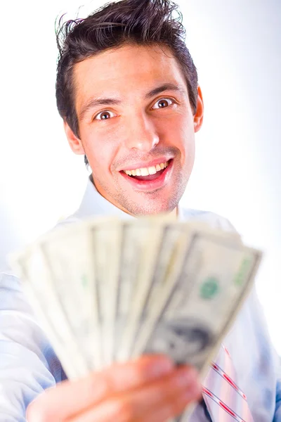 Zakenman Biedt Geld Glimlacht Geïsoleerd Een Witte Achtergrond — Stockfoto