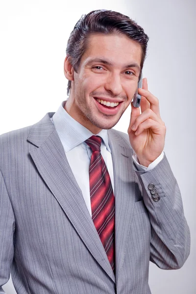 Homem Negócios Bonito Fala Por Telefone Celular — Fotografia de Stock