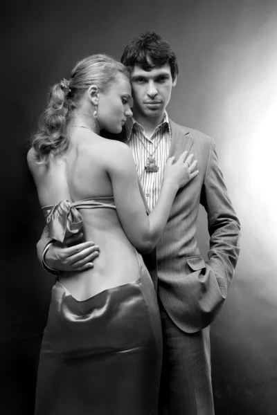 Portrait Young Beautiful Couple Young Woman Embraces Man — Stock Photo, Image