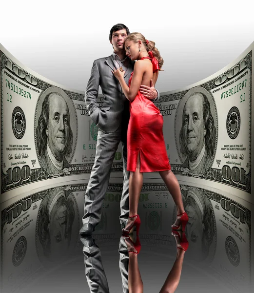 Portrait young beautiful couple. money, 100 american dollars — Stock Photo, Image