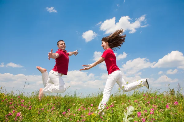 Ugrás az ég egy zöld rét fölött, boldog mosolygó pár — Stock Fotó