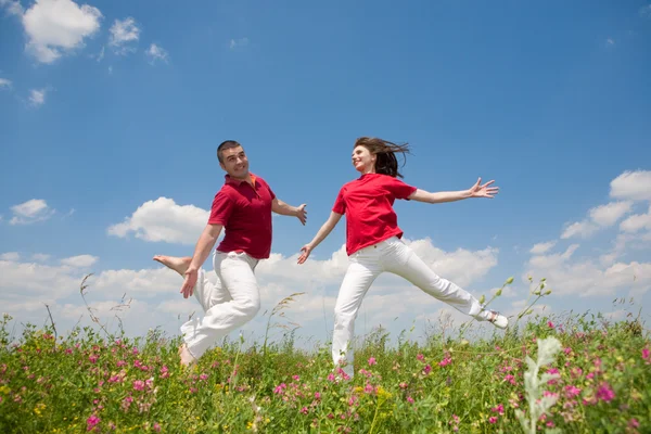 Happy Smiling Couple Jumping Sky Green Meadow — Stock Photo, Image