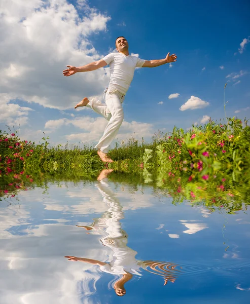 Happy Young Man Running Field — Stock Photo, Image
