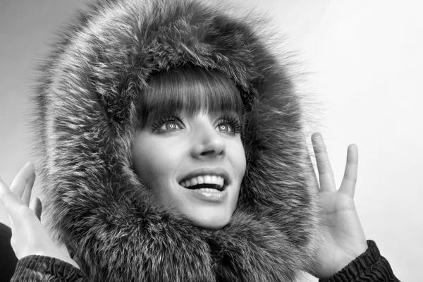 Smiling Young Woman Fur Hood — Stock Photo, Image