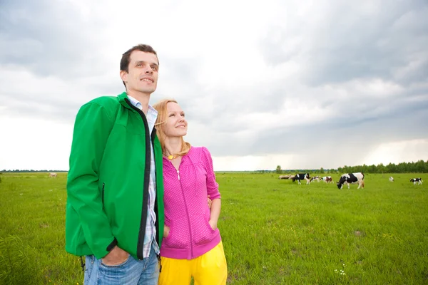 Gelukkige lachende paar in het veld — Stockfoto