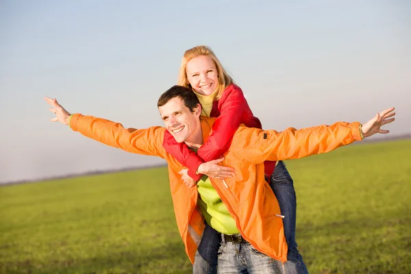 Happy Smiling Couple Fly Sky — Stock Photo, Image