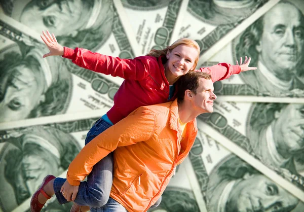 Młody Portret Miłość Para Uśmiechający Się Pieniądze 100 Dolarów Amerykańskich — Zdjęcie stockowe