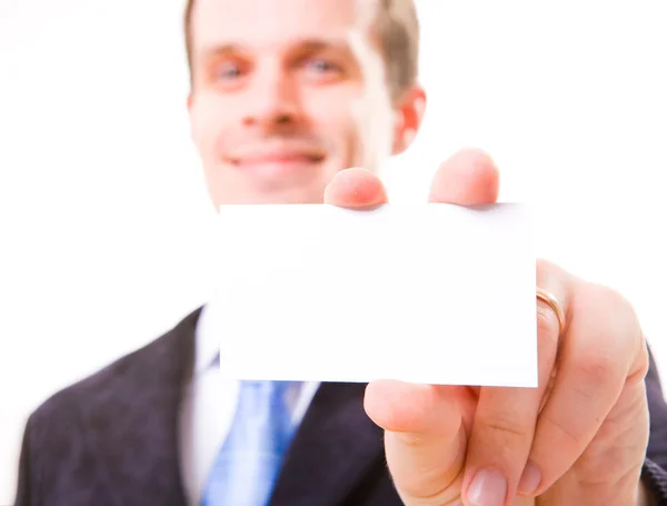 Studio Shot Businessman Holding Out Blank Business Card Room Text — Stock Photo, Image