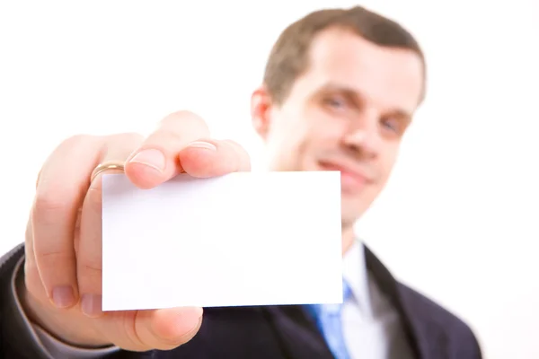 Studio Shot Businessman Holding Out Blank Business Card Room Text — Stock Photo, Image