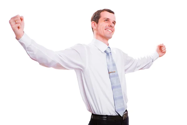 Homem de negócios feliz celebrando o sucesso. Isolado em backgro branco — Fotografia de Stock