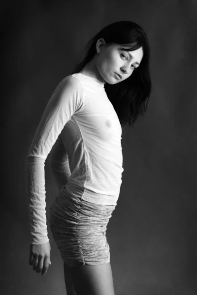 Zwarte Wit Portret Mooie Sexy Triest Expressie Jonge Brunette Vrouw — Stockfoto