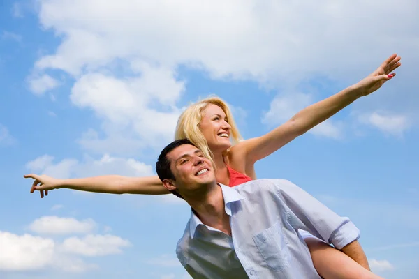 Young Love Couple Smiling Blue Sky Stock Photo