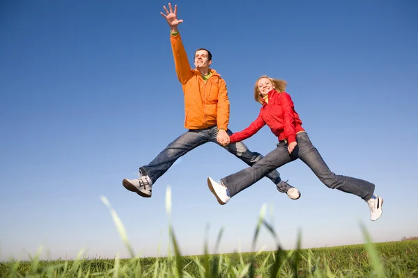 Happy young couple jumping in sky above a green meadow Royalty Free Stock Images