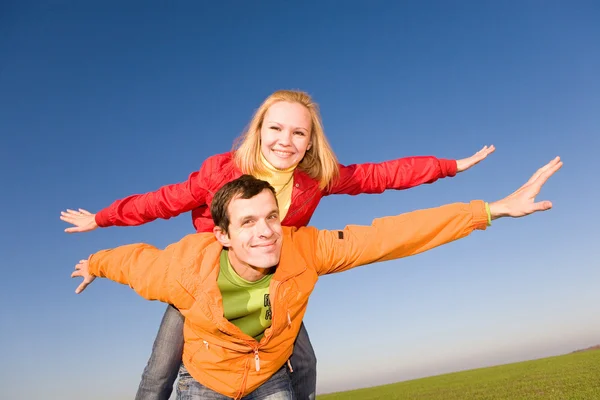 Happy Smiling Couple Fly Sky Stock Image