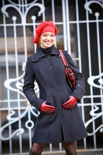 Beautiful Blonde Coat Hat Standing Outdoors — Stock Photo, Image