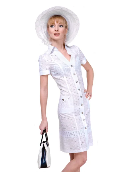 Schöne Junge Frau Heller Kleidung Auf Weißem Hintergrund — Stockfoto