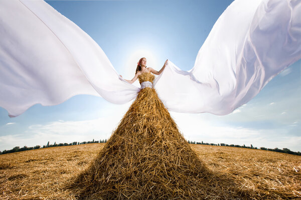 Beautiful girl in the hay with white wings