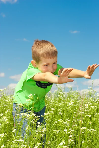 Glücklicher Junge genießt auf der Wiese — Stockfoto