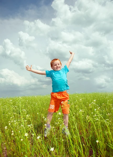 Rapaz feliz desfrutar no prado — Fotografia de Stock