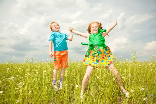 Duas crianças de cabelos dourados brincam no campo — Fotografia de Stock