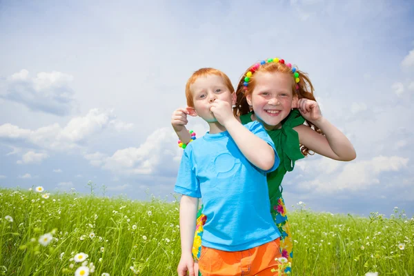 两个金发碧眼的孩子在田野里玩耍 — 图库照片