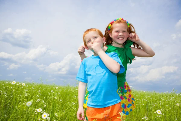 Dwoje Złotowłosych Dzieci Bawi Się Polu — Zdjęcie stockowe