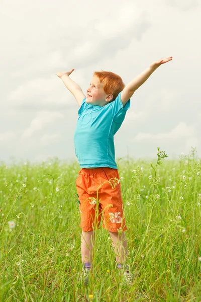 Lycklig pojke njuta på ängen — Stockfoto
