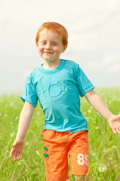幸せな少年は草原の上お楽しみください — ストック写真