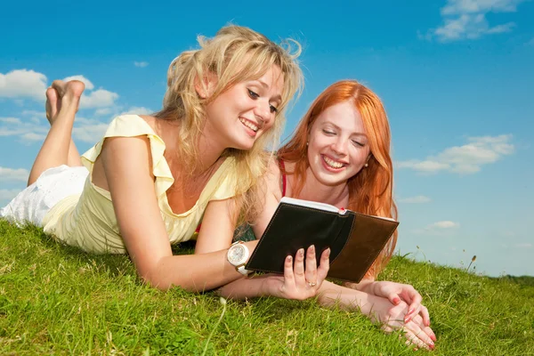 Twee Mooie Meisjes Met Laptops Buitenshuis Leg Het Groene Gras — Stockfoto
