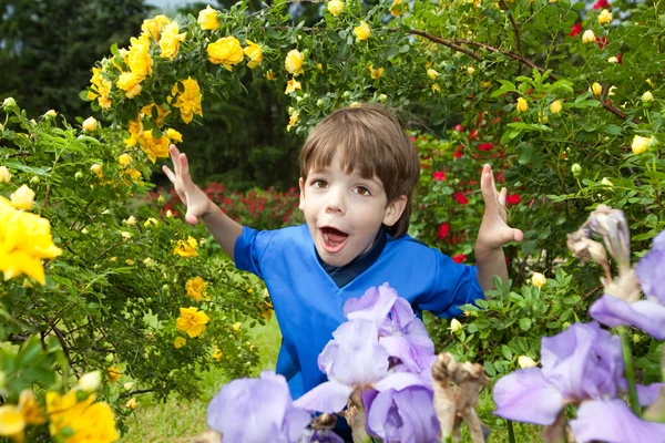 Lycklig pojke njuta på blommor — Stockfoto