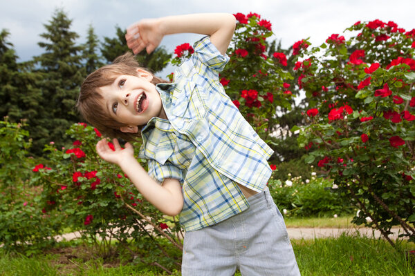 Happy boy against of rose bushes
