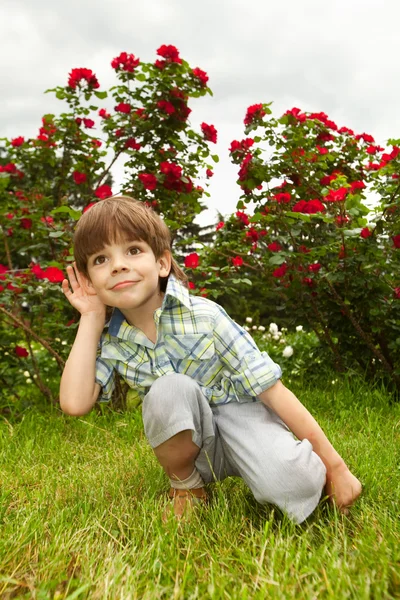 Gelukkige jongen genieten van op de weide luisteren — Stockfoto