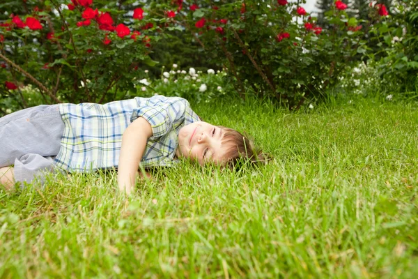 초원에 즐길 행복 한 소년 — 스톡 사진