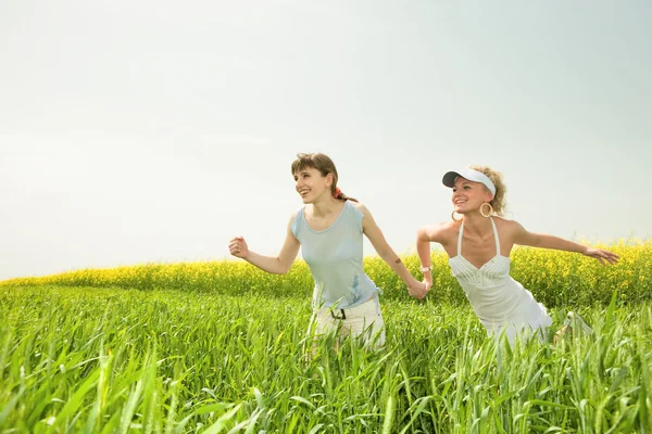 Zwei Junge Mädchen Springen Fröhlich Auf Gras — Stockfoto