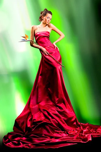 Menina bonita em um vestido vermelho longo mantém a flor exótica em uma mão — Fotografia de Stock