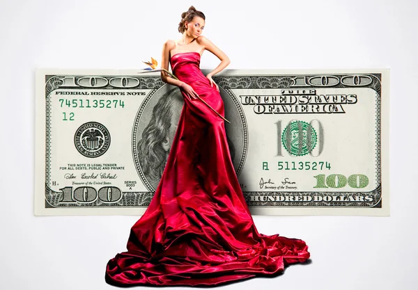 Piękna Dziewczyna Czerwonej Sukience Pieniędzy 100 Dolarów Amerykańskich — Zdjęcie stockowe